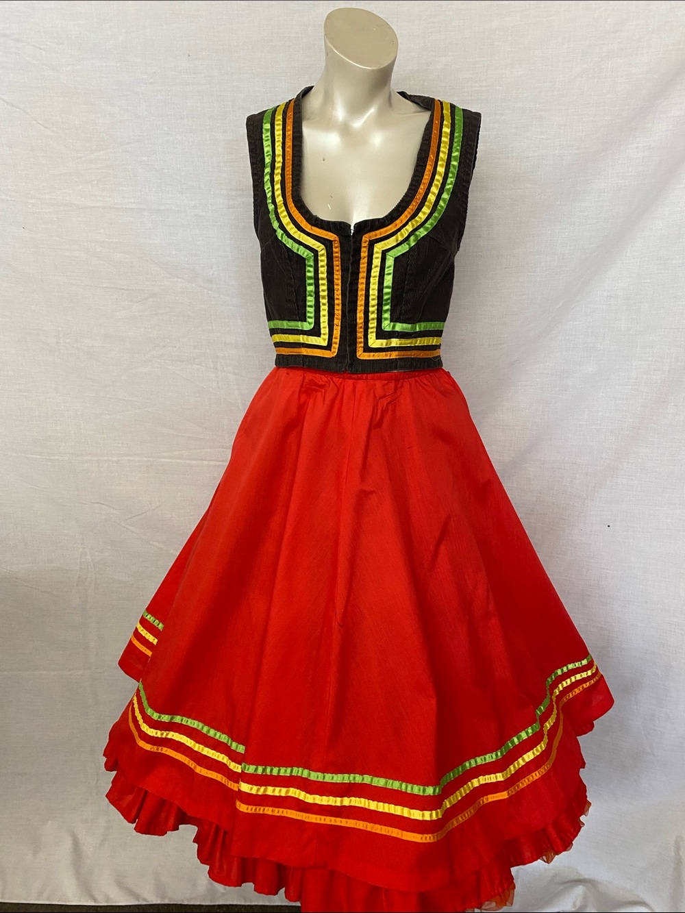 Vintage Homemade Red & Black Three-Piece Skirt Set with Neon Trim